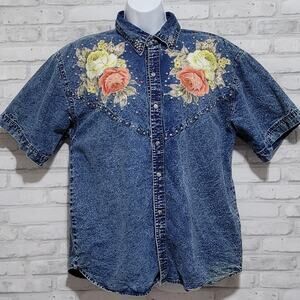 Vtg Pretty Bleu Embellished Bedazzled Denim Jean Shirt Womens Small
